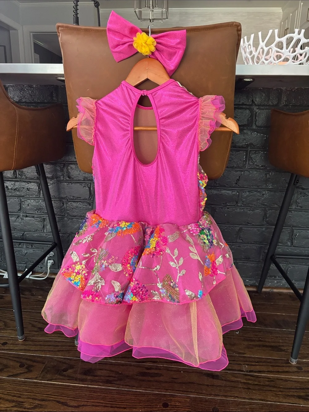 Girls Hot Pink Sequin Floral Embroidered Dance Dress Costume Size XL
